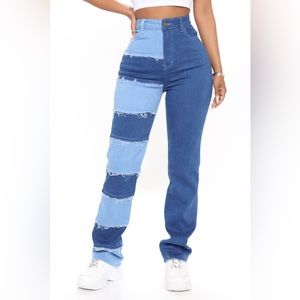 Patchwork Distressed Straight Leg Jeans
